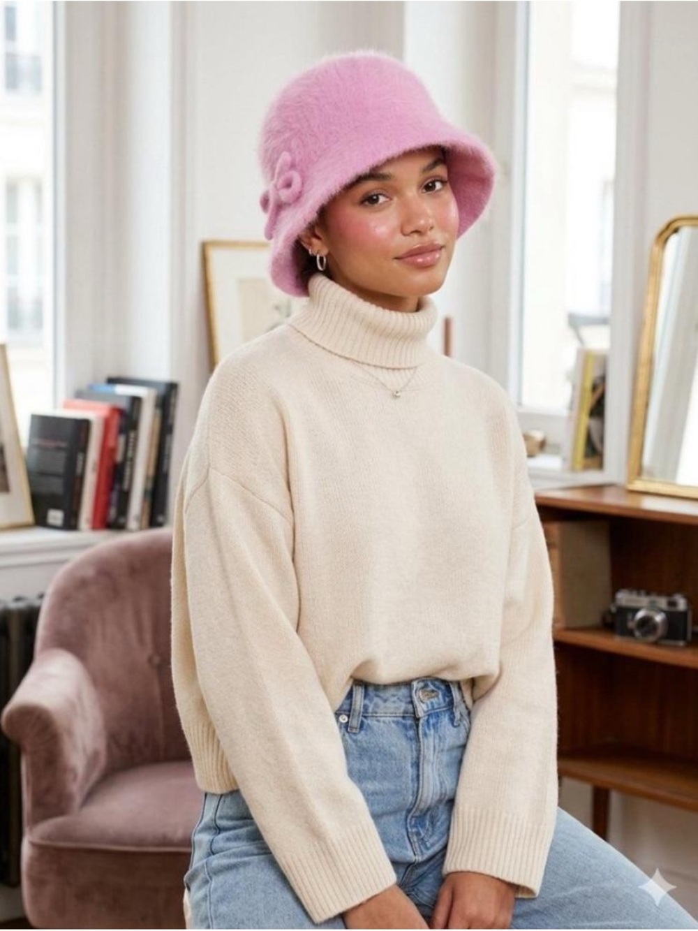 Vintage Fuzzy Pink Angora Knit Bucket Hat Y2K Coquette